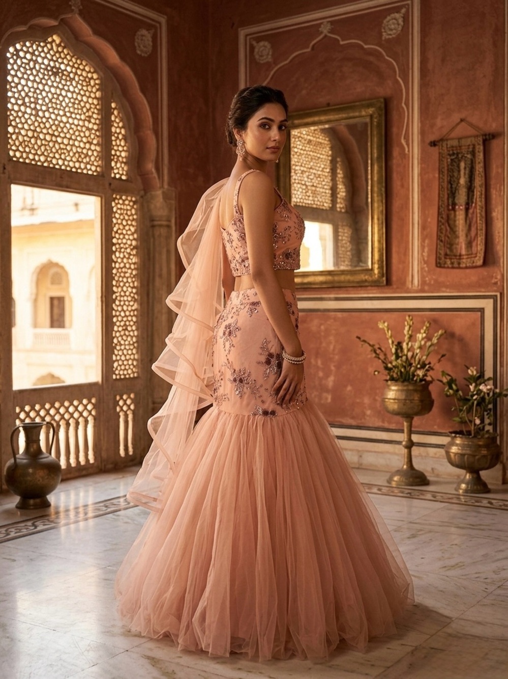 Blush Pink Embroidered Tulle Mermaid style lehenga full stitched